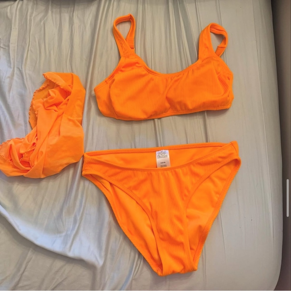 orange wild fable set including sarong, top, and bottoms